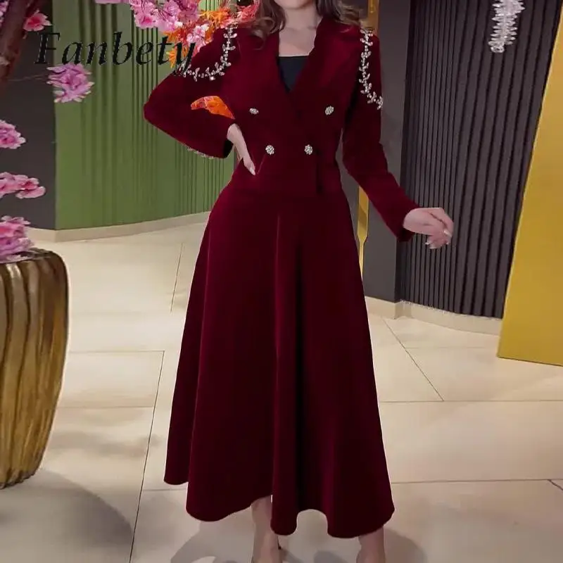 

Elegant Lapel Collar Long Sleeve Blazer&Long Skirts Set Women Fashion Double-breasted Solid Velvet Outfit Office Party Two Piece