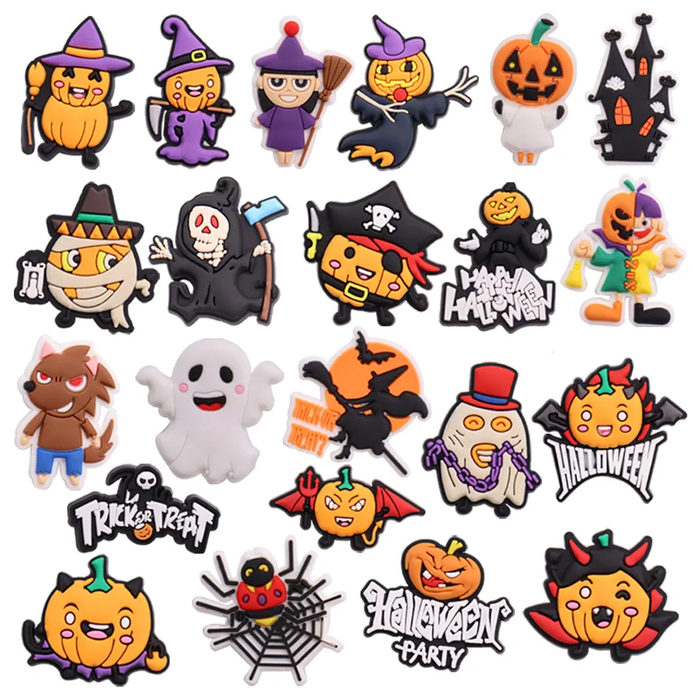 

Mix 50PCS PVC Shoe Charms Skeleton Ghost Spider Trick Or Treat Pumpkin Spooky Halloween Croc Charms Accessories Decorations