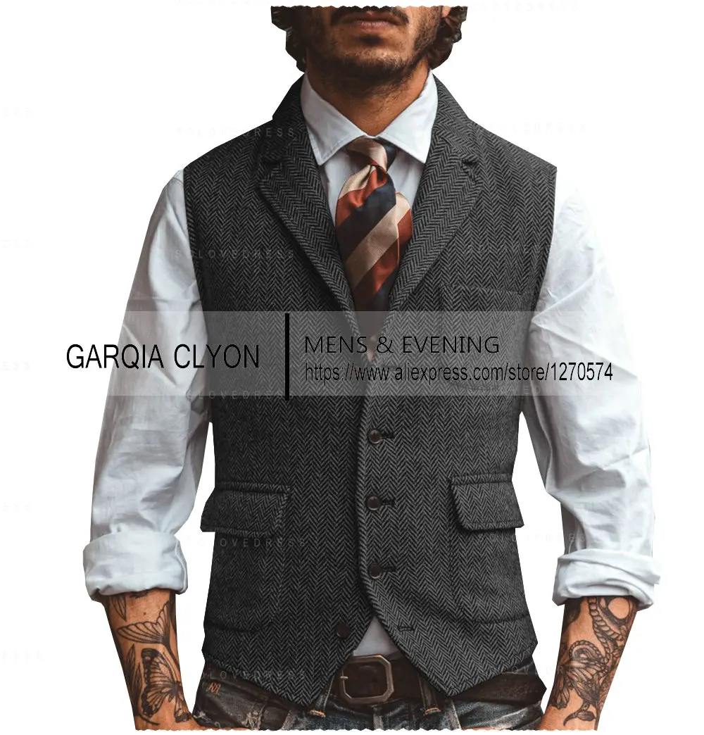Men's Suits Vest V Neck Lapel Casual Classic Formal Business Herringbone Slim Fit For Wedding Groomsmen