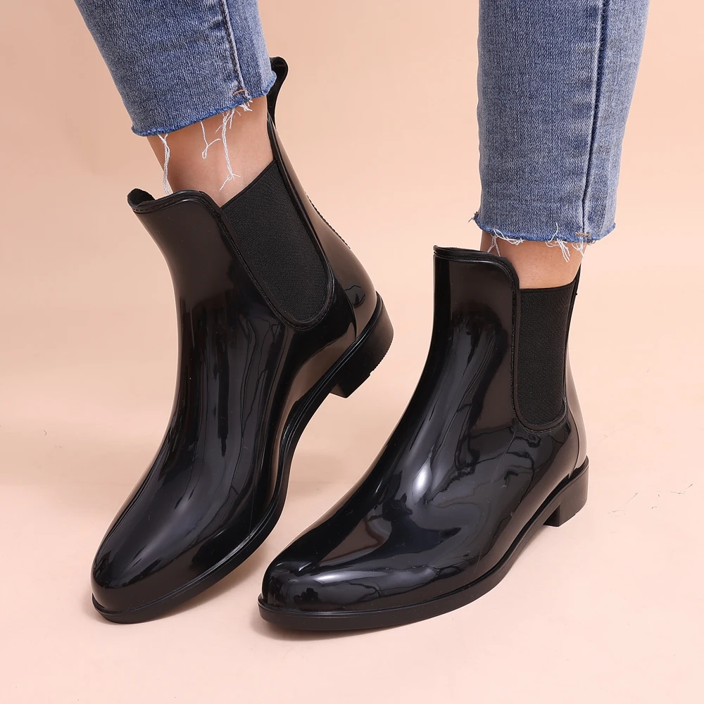 Shevalues Women Chelsea Rain Boots Shiny Ankle Boots