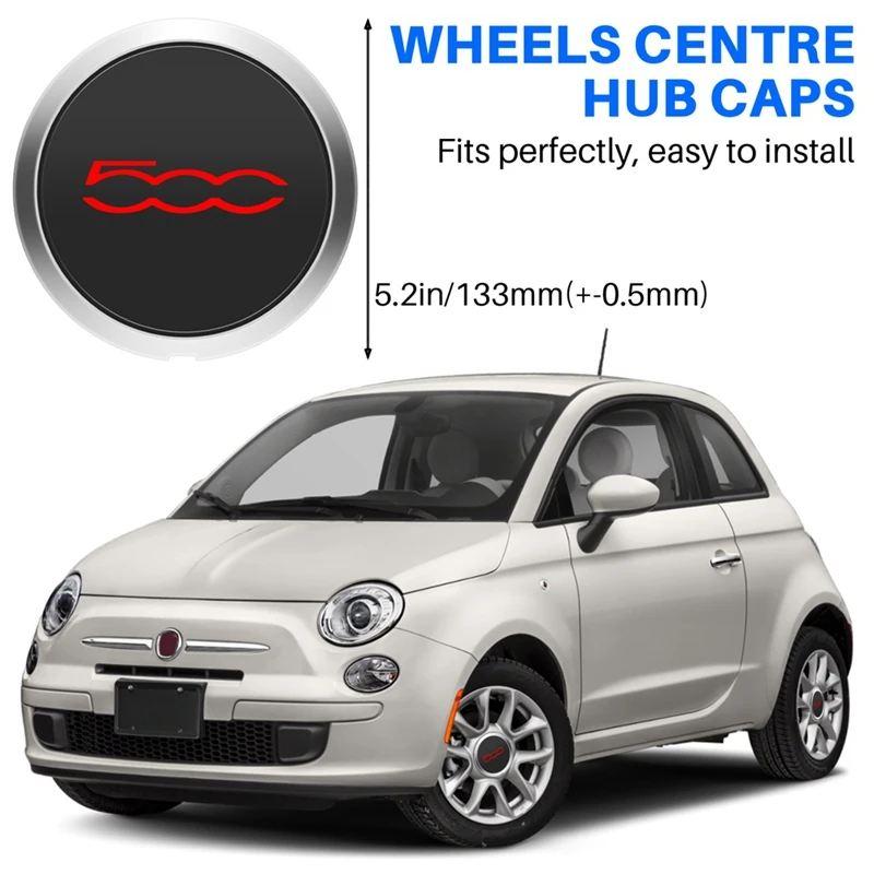 2 PCS 133Mm Hubcap Black & Red Plastic For Fiat 500 Wheels Centre Hub Caps 68078419AC 68078421AC Dust Cover 51884863