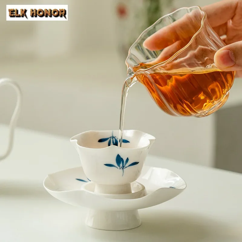 45ml Pure Hand-painted Butterfly Orchid Set of Cups Small Petal Set Cup with Coaster Holder Fragrance Master Cup Kung Fu Tea