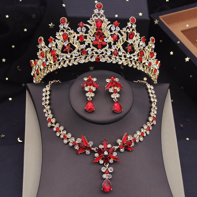 Cenmon Fashion Colors Bridal Jewelry Sets with Tiaras Princess Wedding Crown Necklace Earrings Set Costume Accessories Red