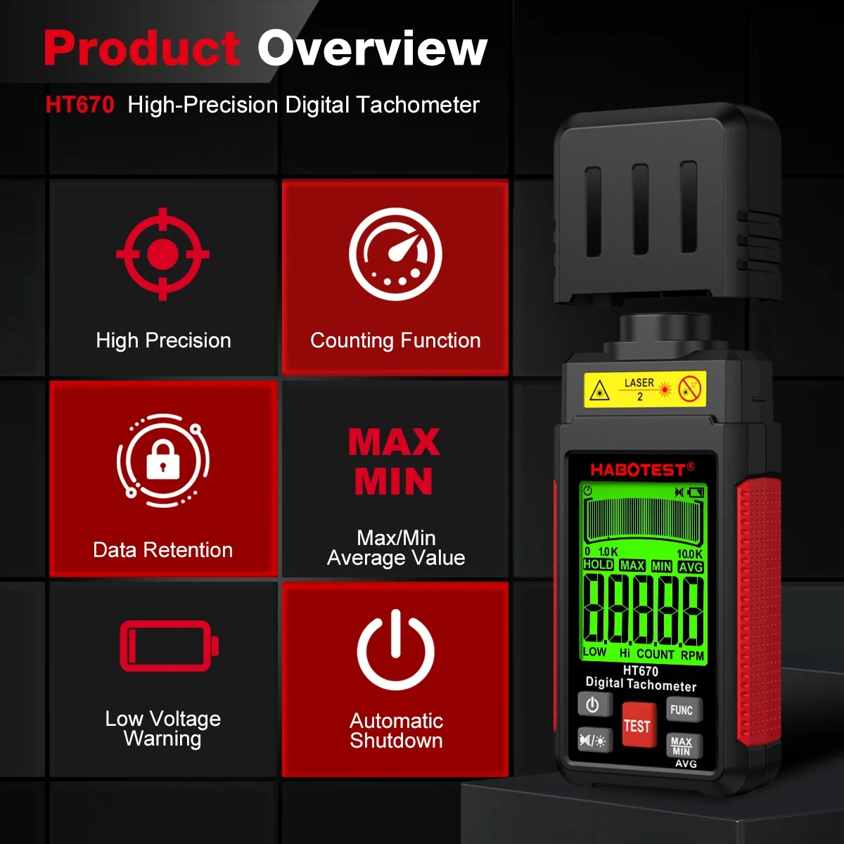 HABOTEST HT670 디지털 레이저 타코미터 비접촉식 RPM 미터 2.5-99999RPM 모터 엔진 속도 측정용 LCD 백라이트 포함