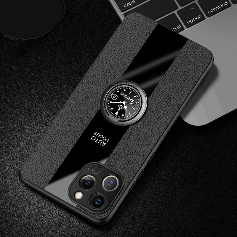 Elegant PU Leather Magnetic Ring Holder Phone Cover with Silicone Matte Bumper