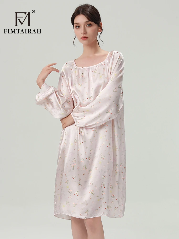 FIMTAIRAH 6A 19MM Silk Nightgown, long pajamas, long-sleeved silk high-end round-neck home wear Dress Night 3