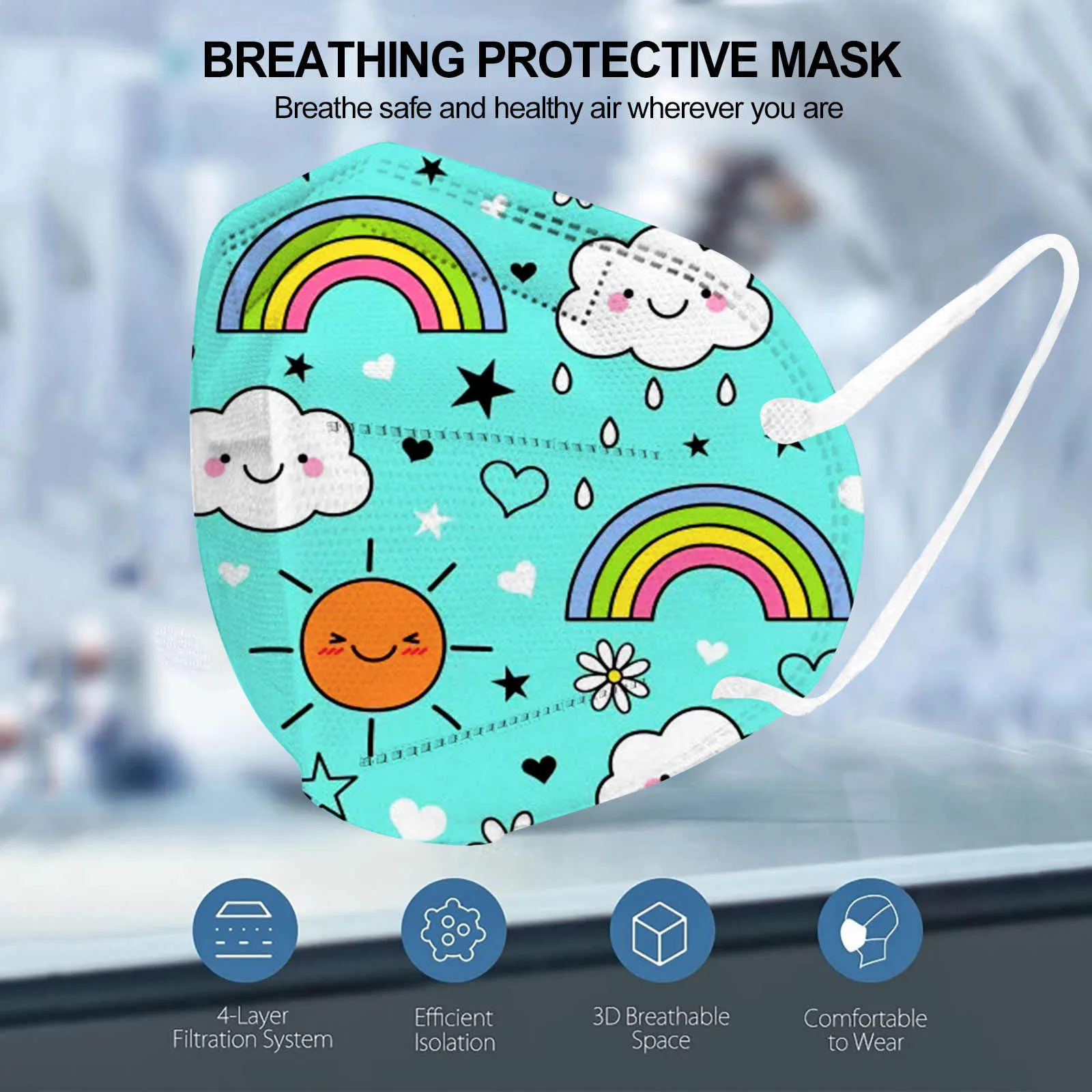 5PCS N-95 Children's Rainbow Printed Outdoor Prevention Fish Mask Face Outdoor Dust-Proof Face Protective Mask Disposable