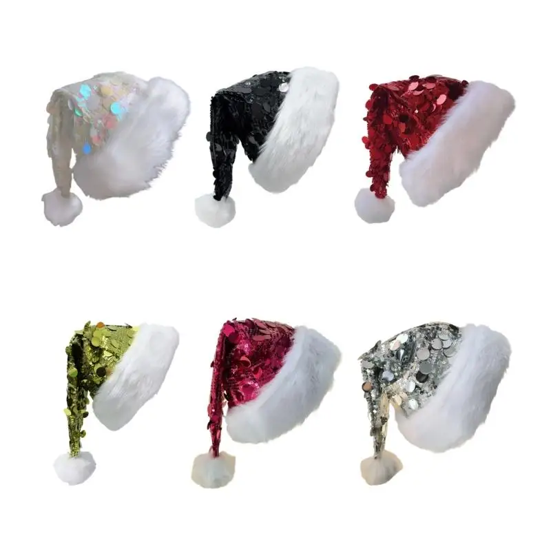 39bd Erwachsene Pailletten Santa Hats Plüsch Weihnachtskappe Glitter Weihnachtskappe für Frauen – Detail 1