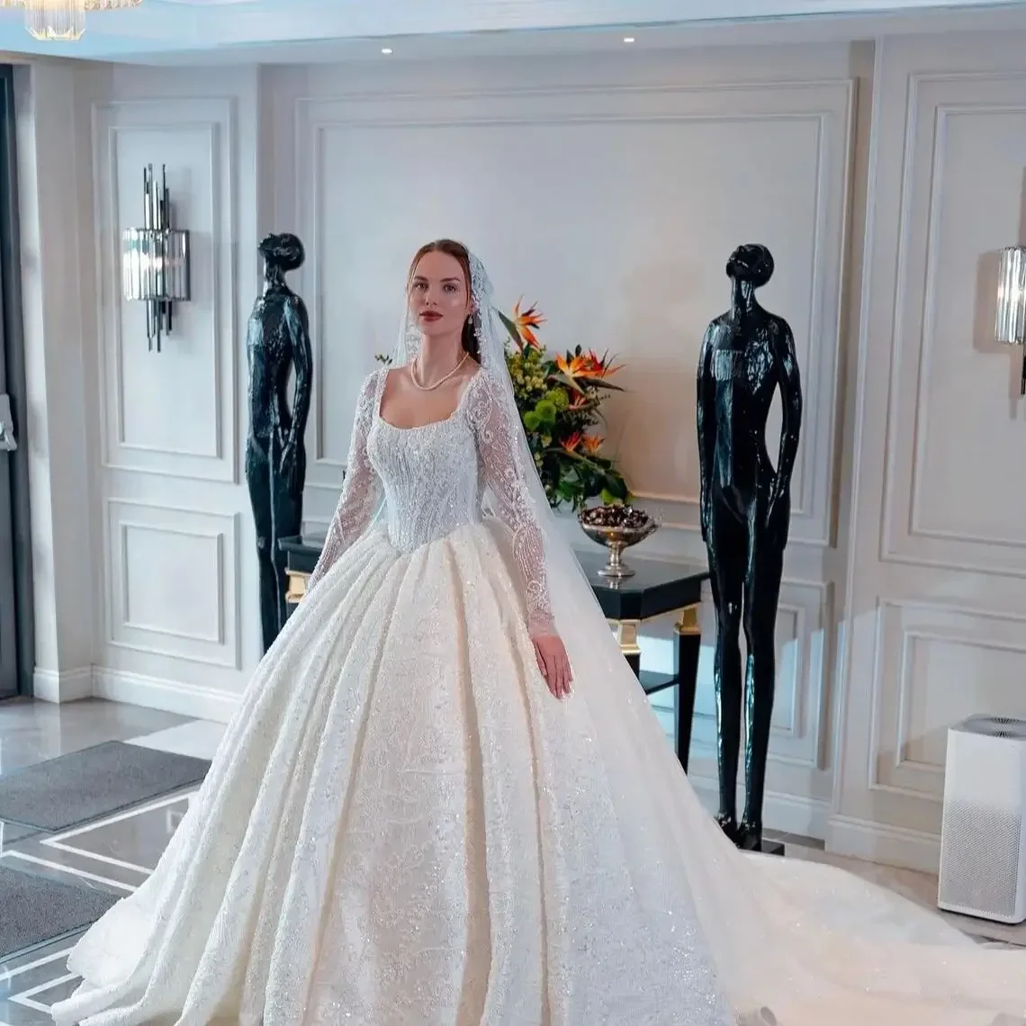 chinese dress ladies Luxury Princess Wedding Dress Long Sleeve Beaded Pearl Ball Gown Big T –  sultanti main image 0