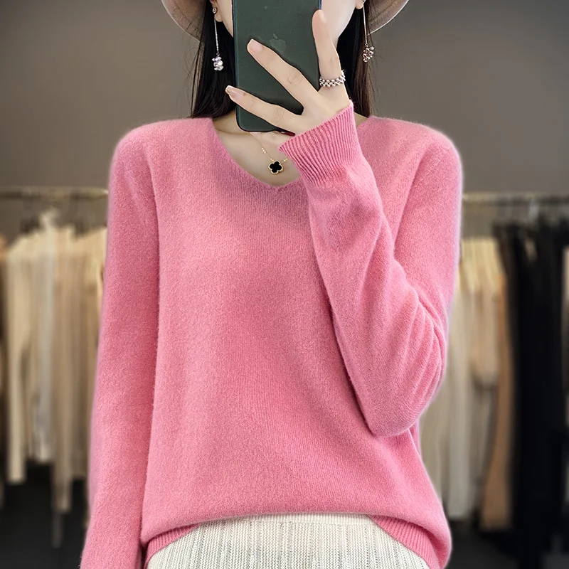 Suéter de lana merino 100 % para mujer, jersey básico con cuello en V, ropa de cachemira para otoño e invierno, prendas de punto suaves de manga larga, color liso