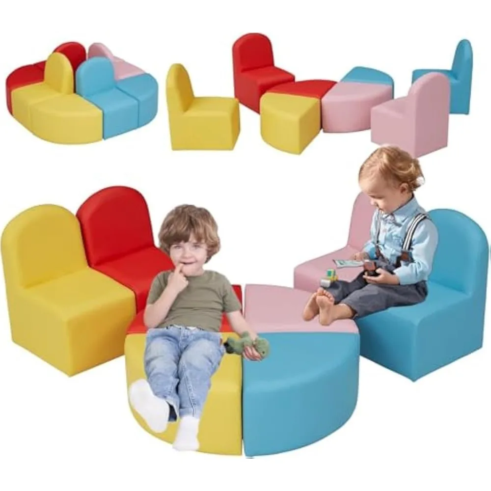 Kids Sofa Seating Set Convert to Table and 4 Chairs Colorful Stools for Toddlers Soft Foam Play 8 PCs Set for Classroom 6