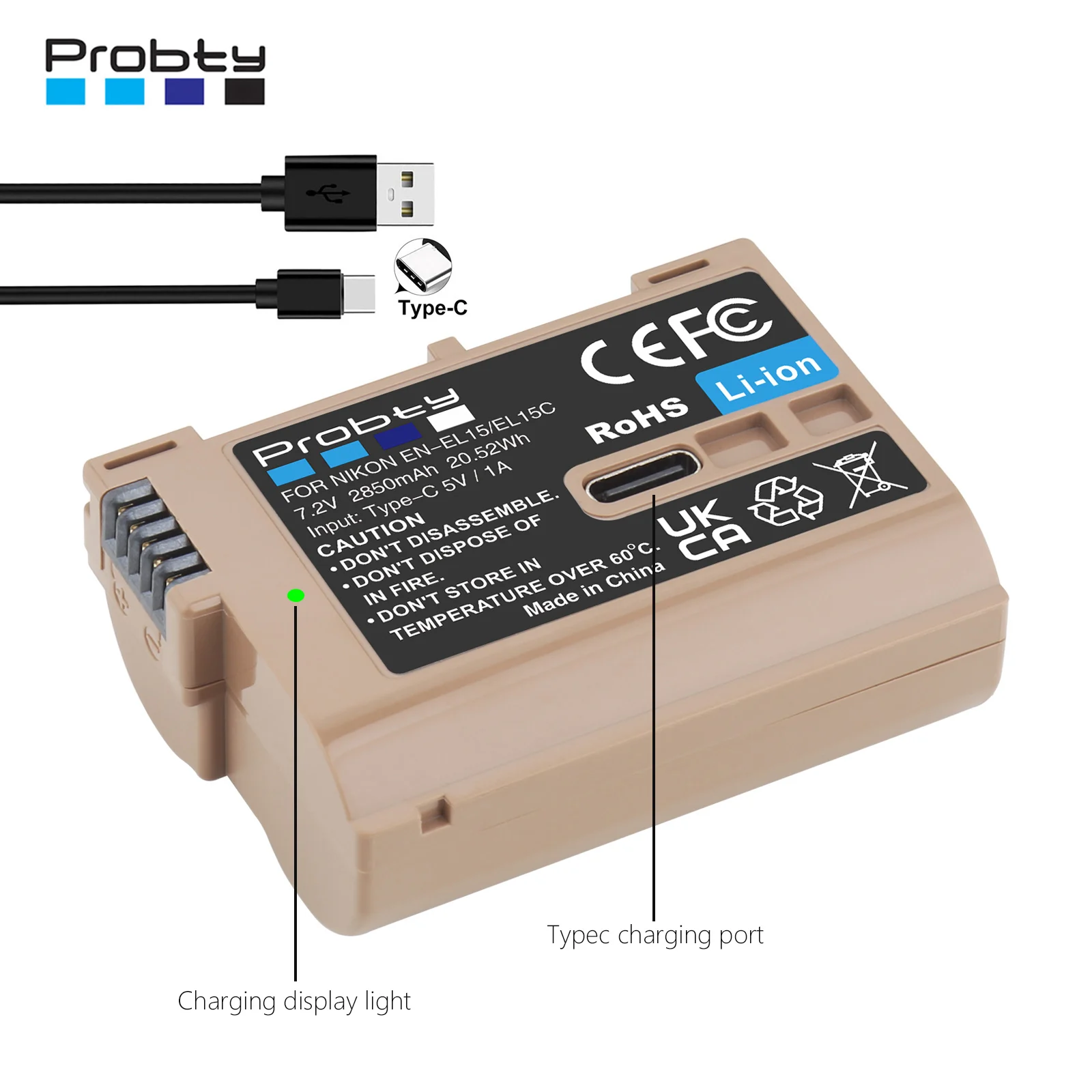 Probty-bateria com Porta de Entrada tipo c 2850mah En-el15c Nikon Z5z8z6 Iiz7z7ii D600 D610 D600e D800 D810