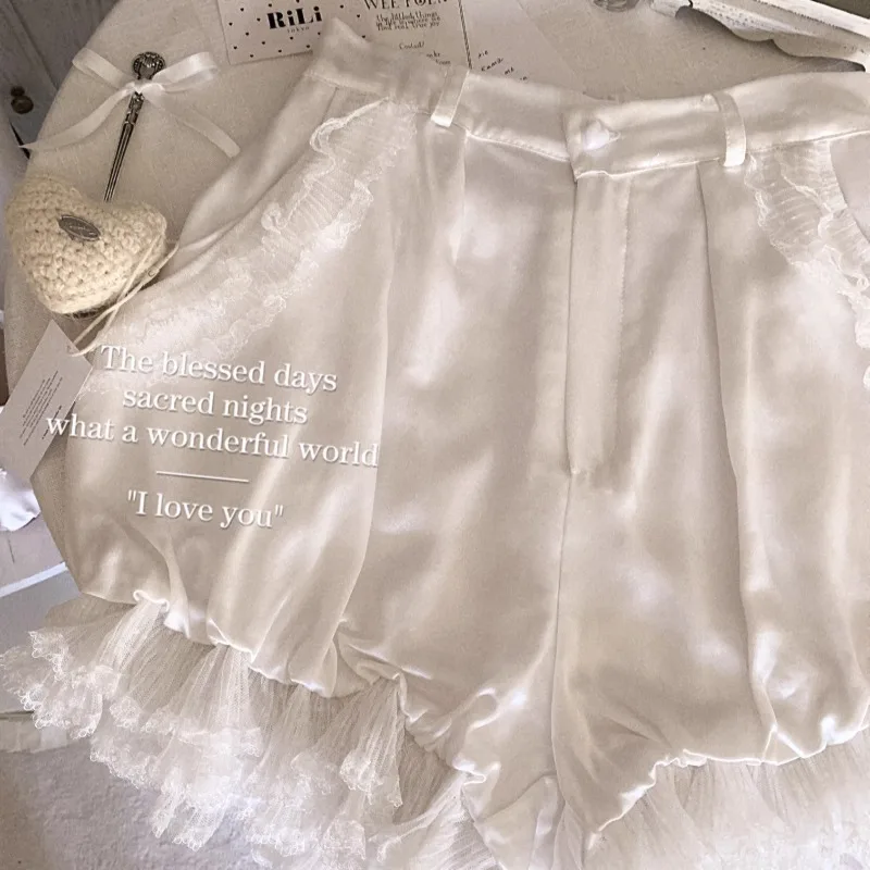 Satin Shorts High Waist Lace Artificial Silk Japanese-Style Retro Design Leggings Pumpkin Pants Women's Shorts Kawaii Clothes