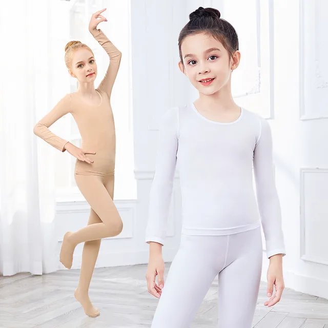 Girls Dance Wear Leotard Long Sleeve Ballet Practice Set for Kids, Nude Invisible Underwear Outfit Dance Form Fitting Base Layer