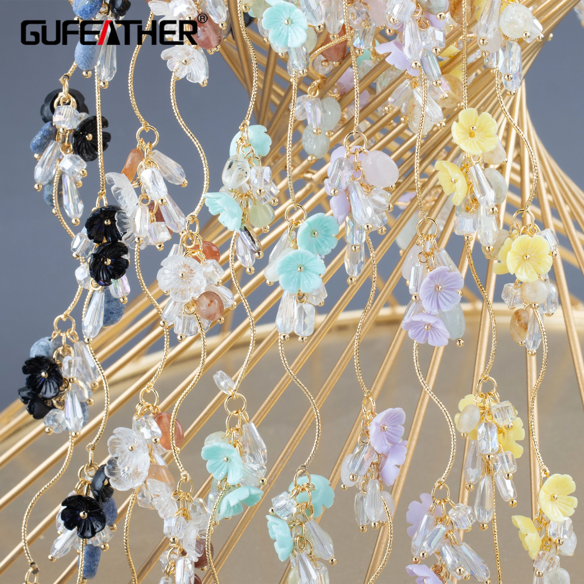 

Цепочка для самостоятельного изготовления ювелирных изделий GUFEATHER, цепочка из меди с никелевым покрытием и покрытием из 18-каратного золота, с натуральным камнем и фианитами, 50 см/комплект