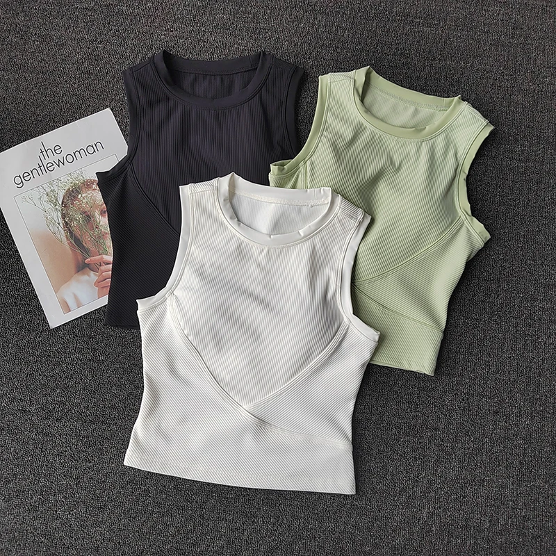 

Yoga Suit Sleeveless Sports Tank Top Tight Fitting Quick Drying Underwear Fitness Suit Short Sleeved Running Top with Chest Pad