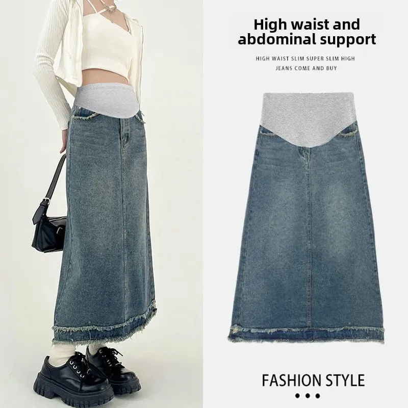 Maternity High Waist Midi Denim Skirt with Frayed Hem for Women Spring Summer A- Line Long Skirts Female Clothing