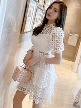  Summer Sweet Kawaii Cute Girly Layered Dress for Women White Hook Flower Hollow Perspective Puff Sleeves Gown Party Prom Vestido 
