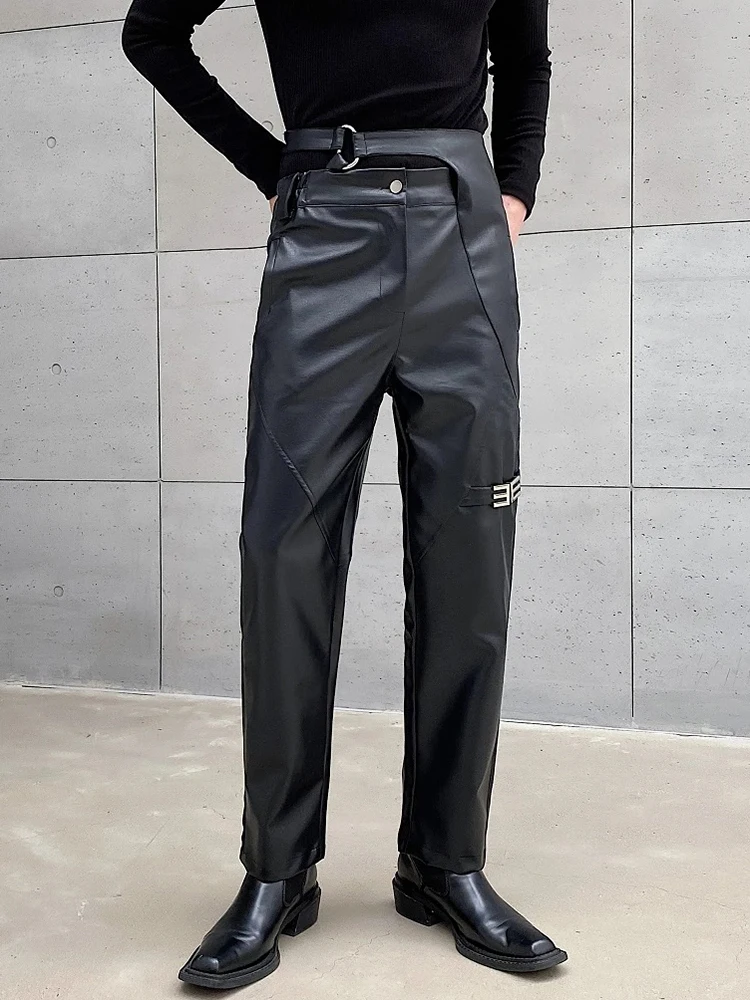 LUZHEN Trendy High Quality Street Personality Metal Buckle Decorate Leather Pants Men's Straight Casual Pu Trousers 68b614