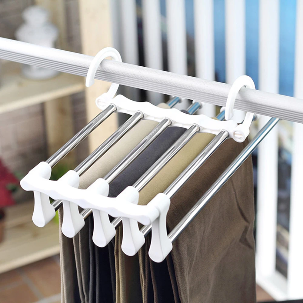 

Pants Hangers White Black Multifunctional Stainless Steel Magic Trouser Rack 5in1 Multi-layer Storage Retractable Folding Hanger