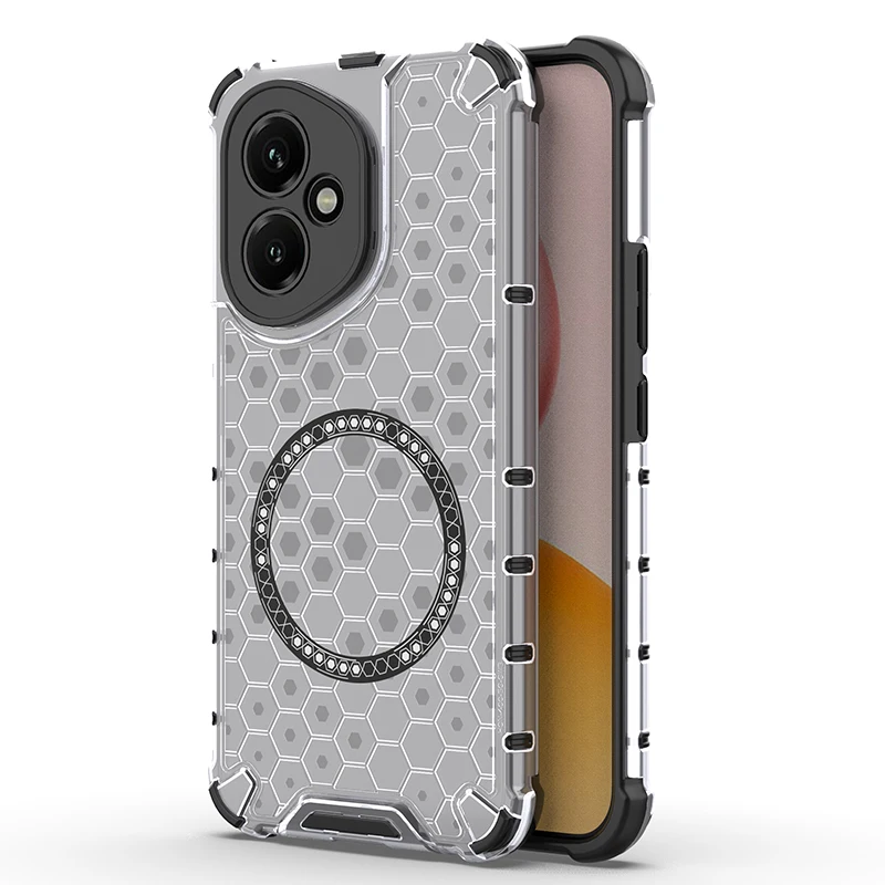 Shockproof Transparent Honeycomb Phone Case with Magnetic Ring and Full Back Cover