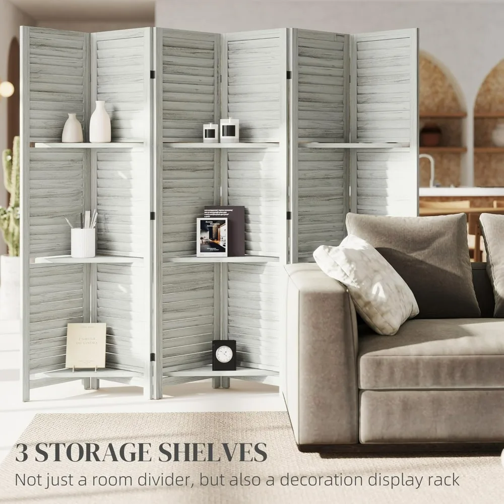 6 Panel Room Divider by HOMCOM - 67 Tall Wooden Privacy Screen with 3 Shelves for Bedroom or Home Office