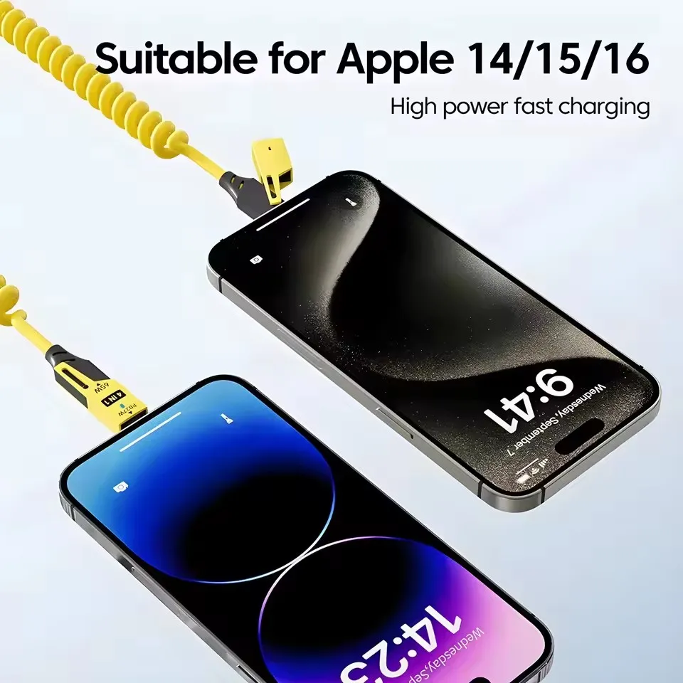 NNBILI 65W 4 in 1 스프링 숏 데이터 케이블 6A USB 타입 C 스프링 텔레스코픽 퀵 충전 케이블 스프링 USB 케이블 (아이폰, 삼성용)