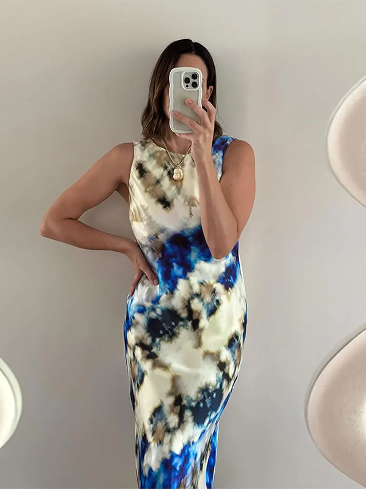 

2024 Fashion Tie Dye Printed Maxi Dress for Women O Neck Sleeveless Cintrasting Color Dresses Summer Elegant Female Streetwear