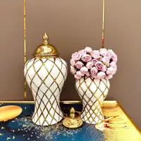 Geometry Gold Diamond Check General Can Ceramic Ginger Jar Flower Vase Porcelain Craftwork Sealed Storage Tank Home Decoration 2