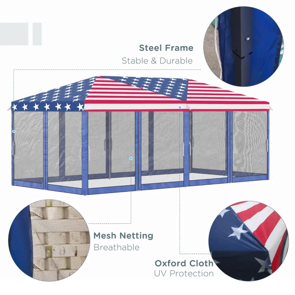 

10x20' Pop Up Canopy Party Tent American Flag Pattern Gazebos Garden Yard Camping Oxford Awnings Tent with Netting