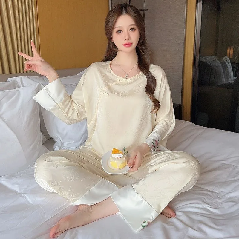 Neo-chinese Style Chinese-style Pajamas Ms. Spring Autumn Ice Silk Deluxe Suit Long-sleeved Trousers Loungewear Can Worn Outside