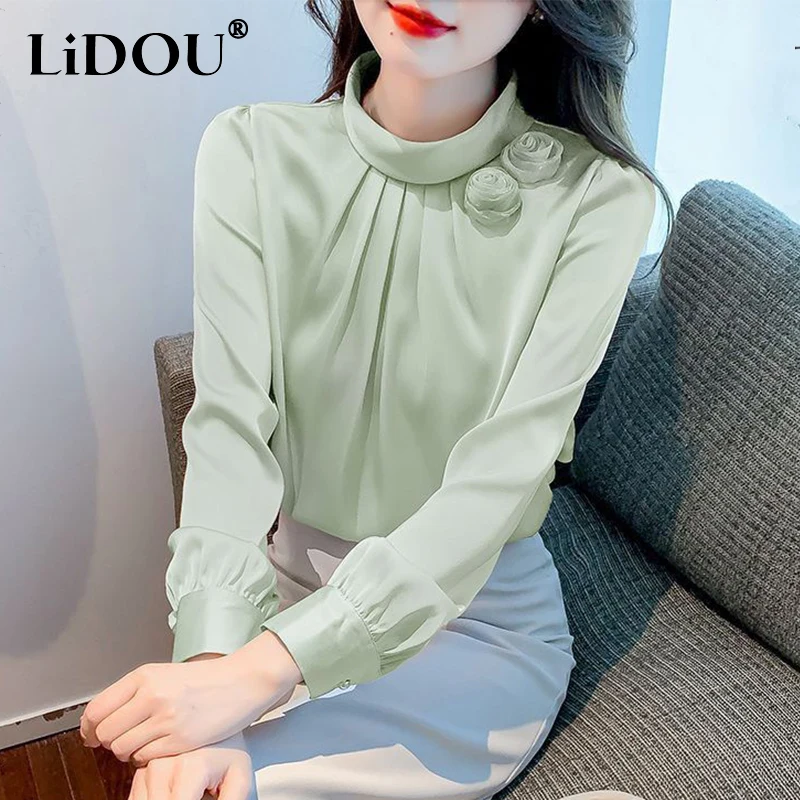 

Spring Summer Korean Style Elegant Fashion Stand Collar Chiffon Shirt Lady Long Sleeve Simple All-match Blouse Women's Clothing