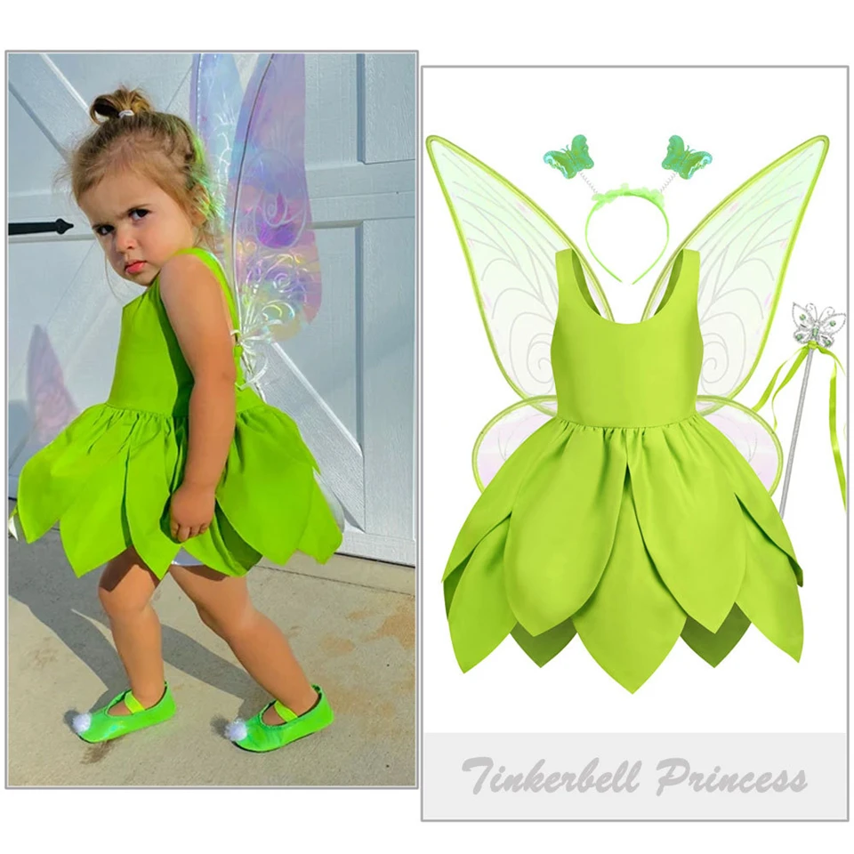 Summer Fancy Girl Green Elf Tinker Bell Backless Dress Christmas Halloween Kids Cosplay Birthday Party Fairy Princess Costumes