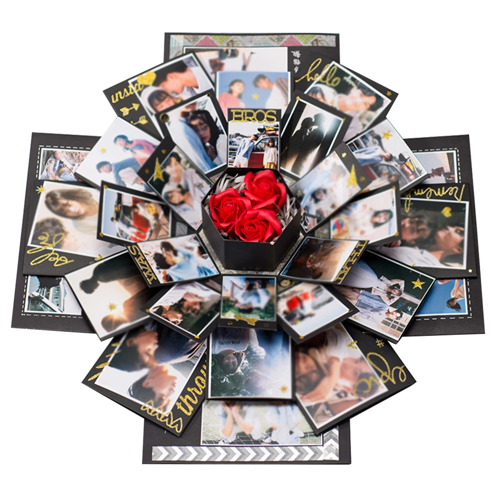Explosive Surprise Box with Photo Album Handmade 6 Faces Explosion Gift Box Creative for Valentine Day Wedding Proposal