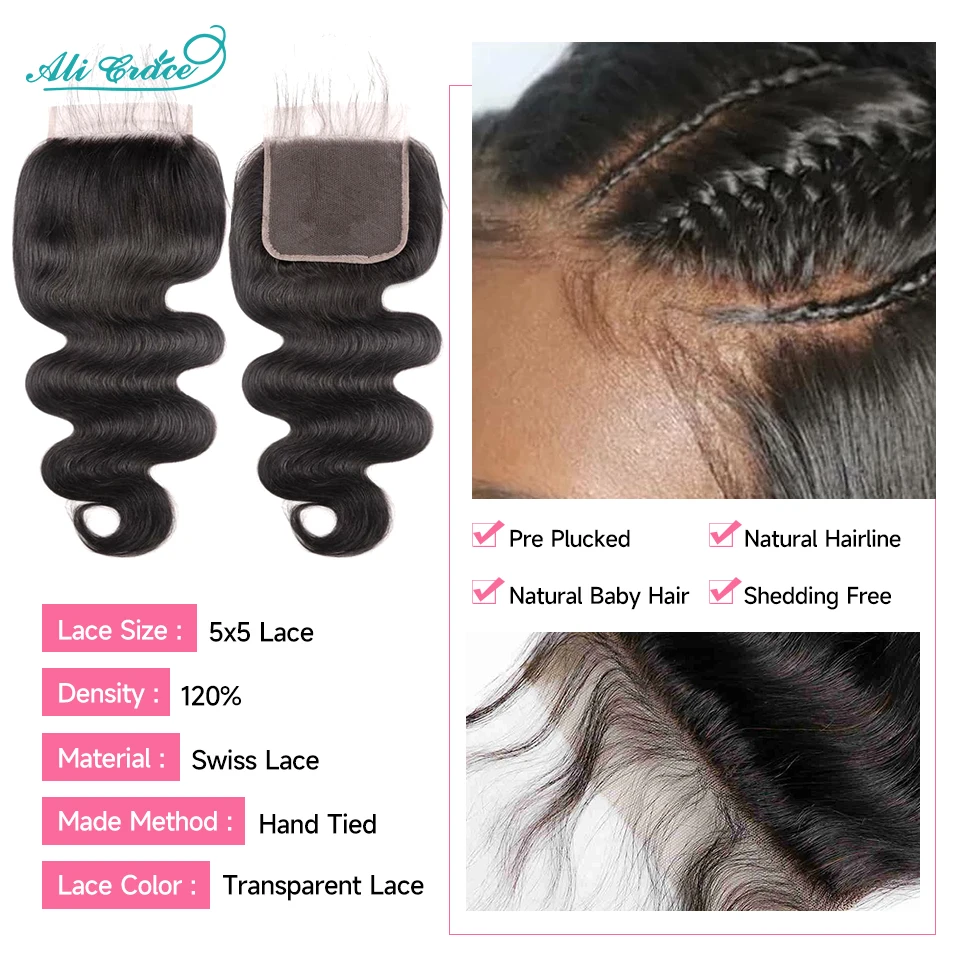 Human Hair Wigs Human Hair Lace Closure Brazilian Hair Body Wave 5x5 Lace Closure Transparent Lace Hand Tied Human Hair for Women Pre-plucked Closure