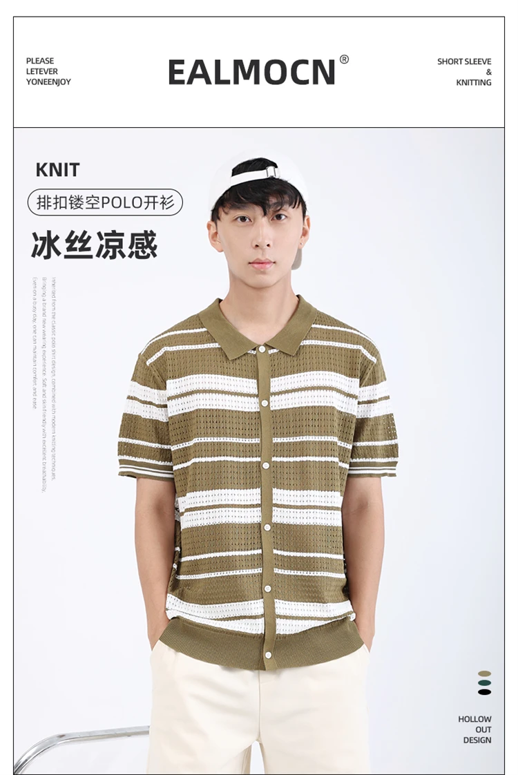 Loose Fit Knitted Polo Shirts Man Single Breasted Viscose Elastic Summer Quality Hollow Out Breathable Striped Camisas De Hombre 10 Sf1748e1571384f669c2b33e471374a0fa