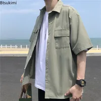 Summer Basic Shirts for Men 2025 New Half Sleeve Cargo Shirts Loose Casual Lapel Cardigan Tops Male Shirt Coats Retro Streetwear 1