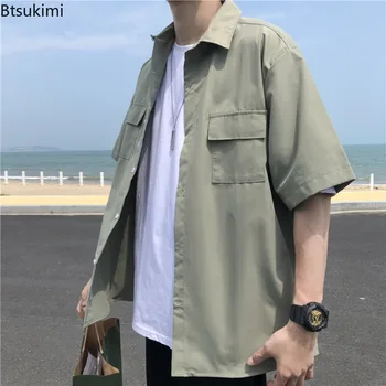 Summer Basic Shirts for Men 2025 New Half Sleeve Cargo Shirts Loose Casual Lapel Cardigan Tops Male Shirt Coats Retro Streetwear 1