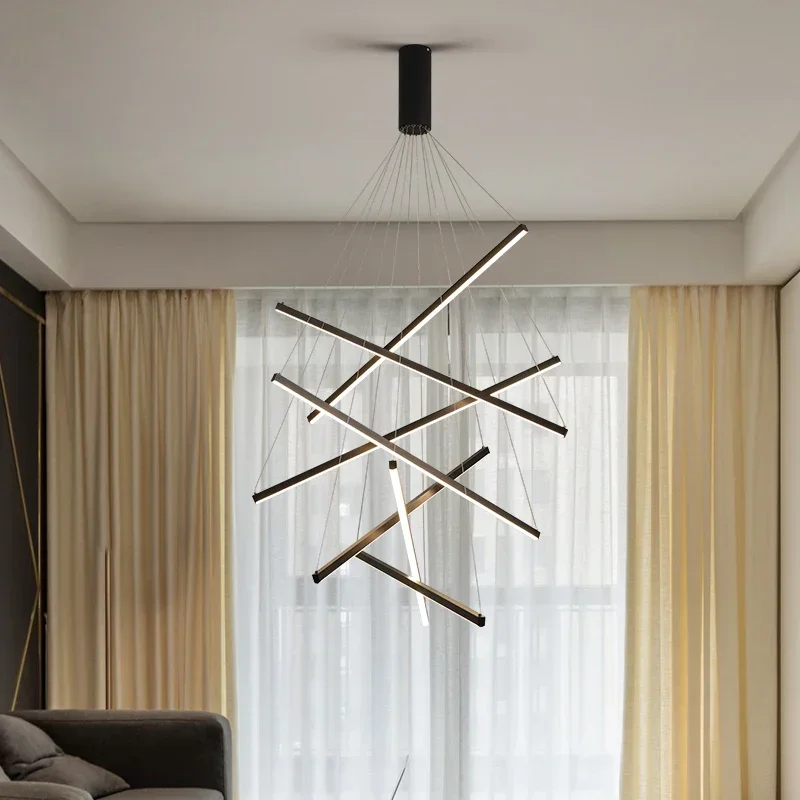

New Modern Minimalist Line Chandelier Luxury House Staircase Hanging Lamp Living Room High Floor Pendant Light for Home Decor