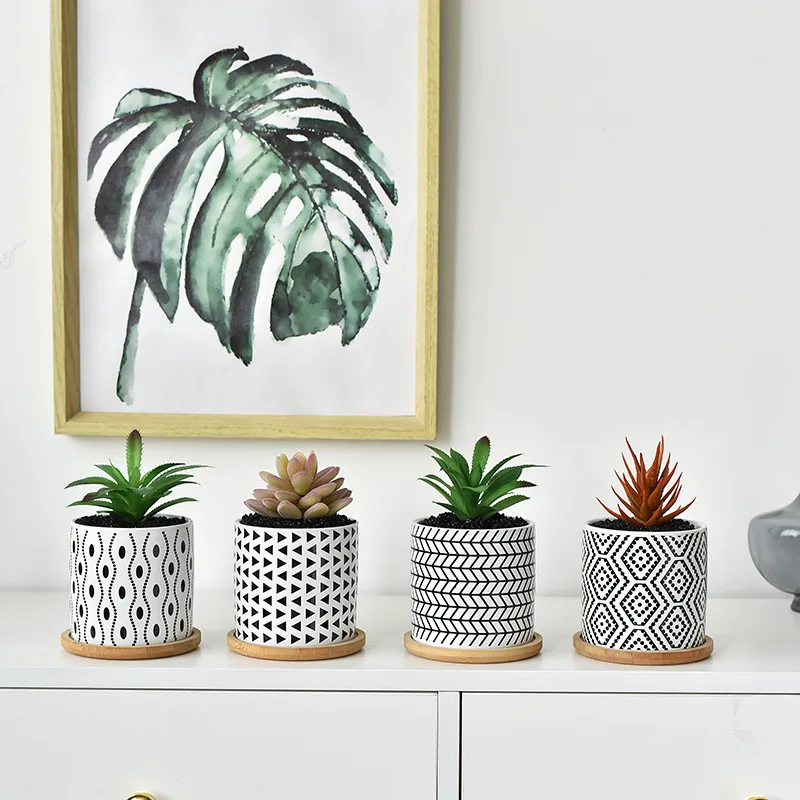 Flower Ceramic Pots Round Geometric Patterns With Hole Creative Funny Succulent Potted Amazon Best-selling Interiores D-3inches - 6