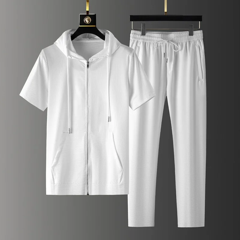 

(Shirt + trousers)2023 summer short sleeve mens shirt hooded men's casual elastic waist shirts men Two-piece Suit M-5XL TZ1211