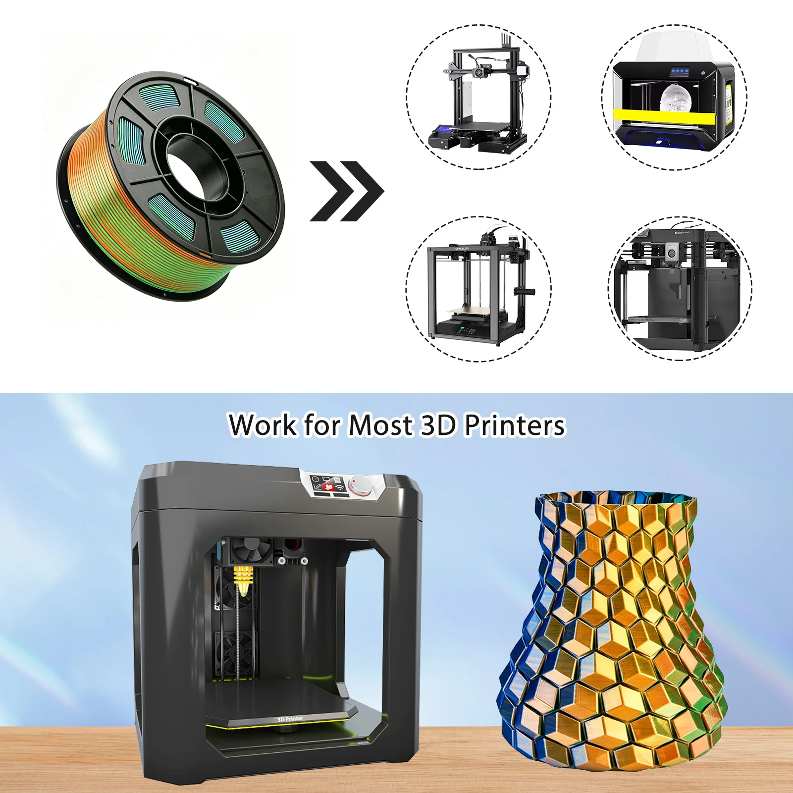 실크 삼색 PLA 3D 프린터 필라멘트, 1.75mm 멀티컬러 3D 프린팅 필라멘트, 블루 그린 오렌지 필라멘트, 250g (0.55lbs)