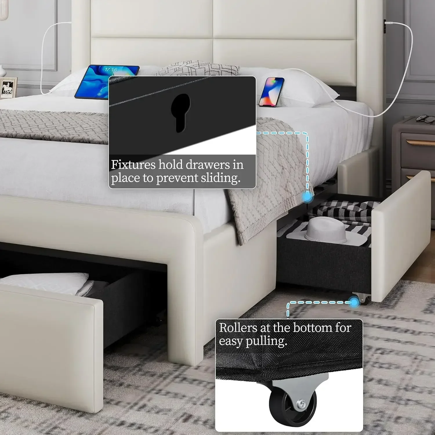 Queen Size Bed Frame with 2 USB Charging Station/Port for Type A&Type C/3 Storage Drawers, Leather Upholstered Platform Bed