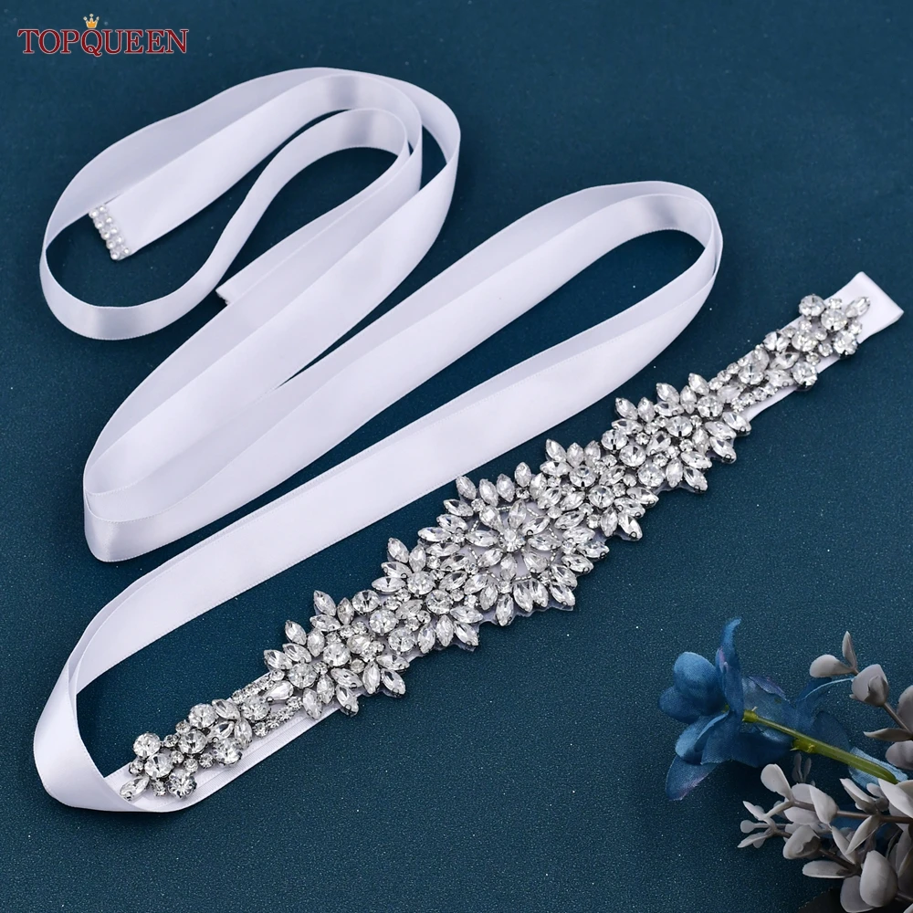 Bridal Waistband Bridal Dress Decoration TOPQUEEN S319 Rhinestones Wedding Belts Bride Dress Decorative Sash With Stones Jeweled Satin Ribbons Silver Gown Appliques