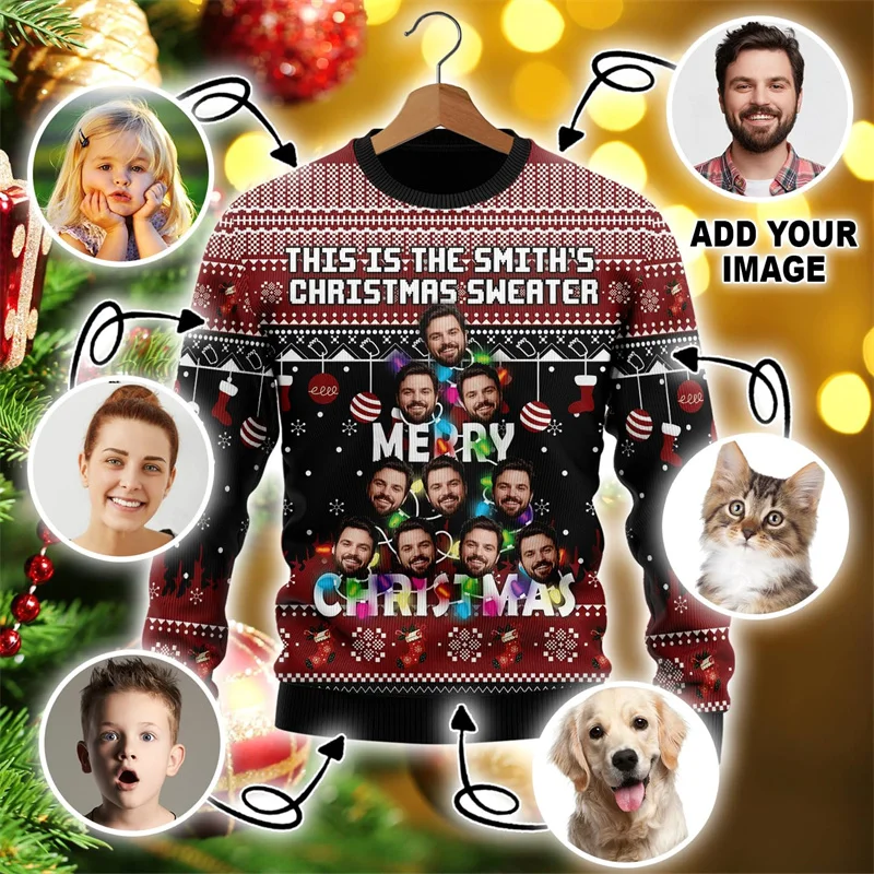 thumbnail image 5 of Suéter navideño feo con foto personalizada y estampado 3D divertido para mujer, ropa para personalizar la cara, sudadera con imagen de bricolaje, regalo, tops, 5 of 5