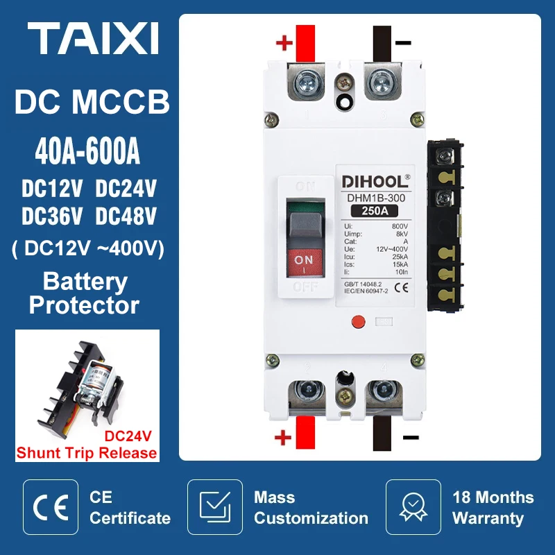 DC12V 24V 48V MCCB batteria interruttore scatolata con rilascio Shunt 100A 250A 300A 400A 600A protezione Pile di ricarica