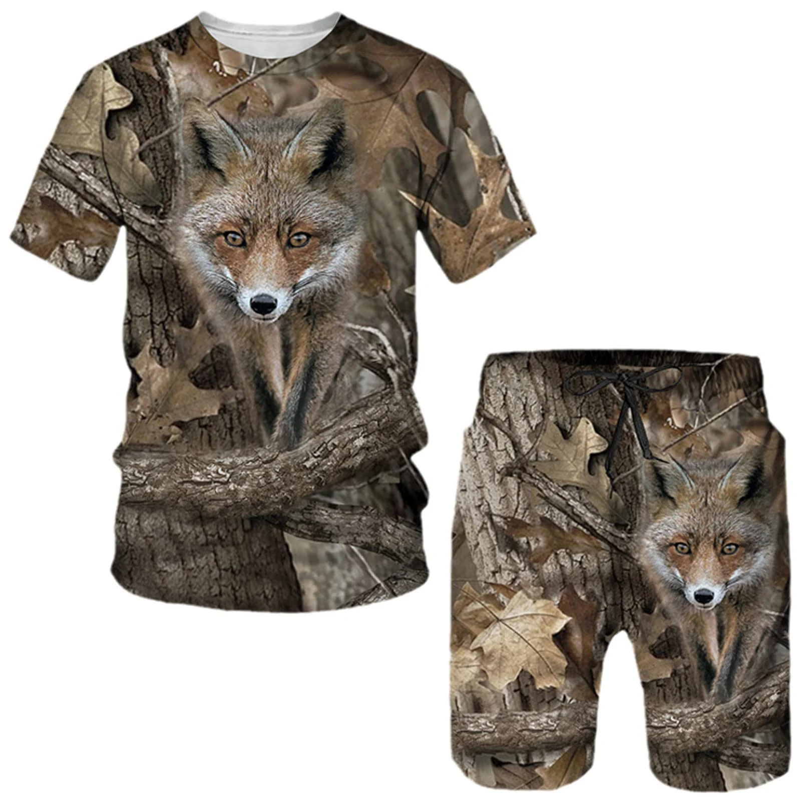 Camo Print Short Sleeve Mens Streetwear Sportswear Set