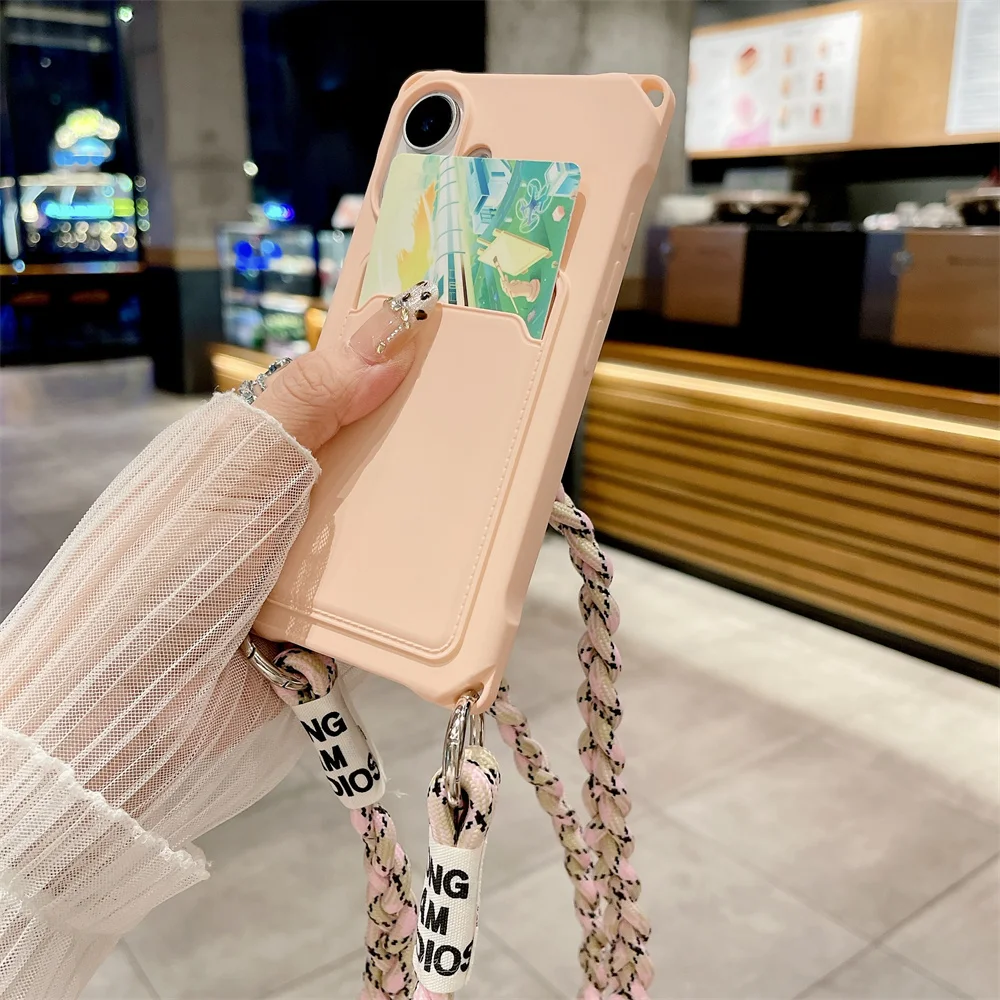 Braided Crossbody Strap Lanyard Phone Case with Wallet Card Holder and Silicone Cover