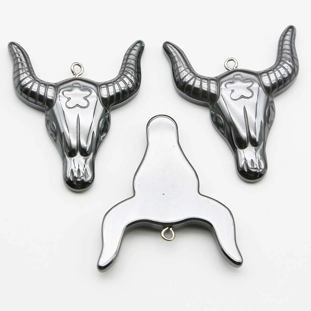 Natural  Black Gall Stone Hematite Ox Head Necklace Pendants Mineral Healing Charms DIY Jewelry Gift Accessories Wholesale 12Pcs
