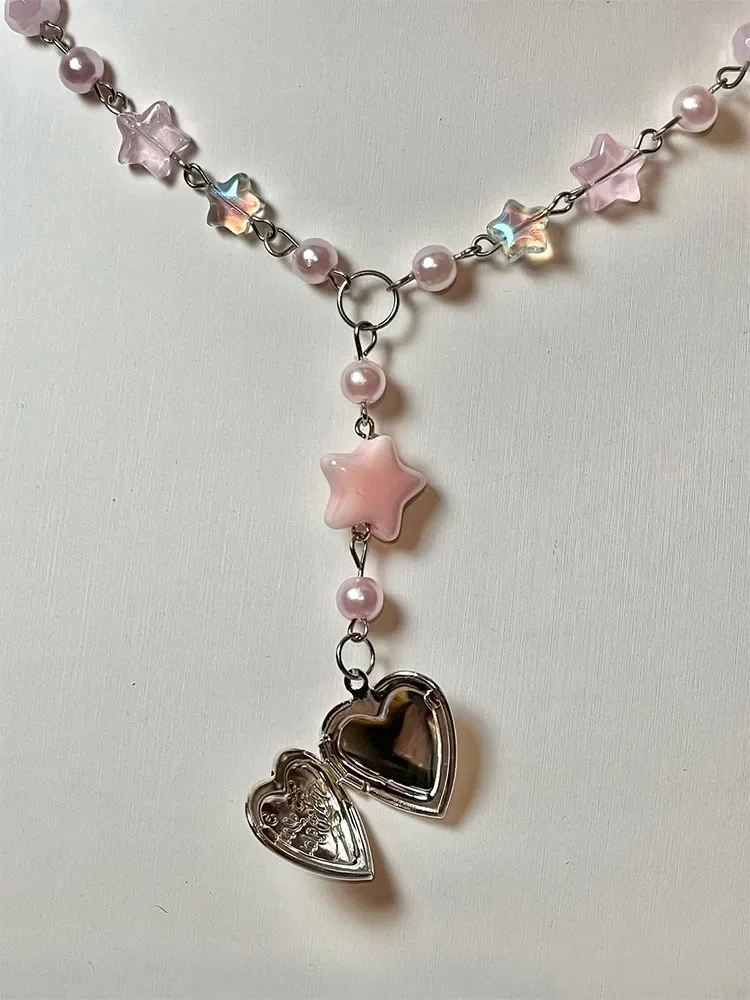 【VVV】Highteen Double Heart Pink Beads Chain Necklace VVV】Highteen Double Heart Pink Beads Chain Necklace (VVV